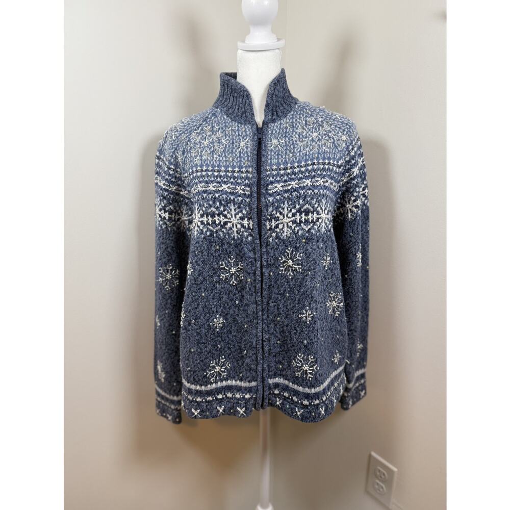 Vtg Tiara International Womens Cardigan M Blue Fair Isle Beaded Christmas 90s